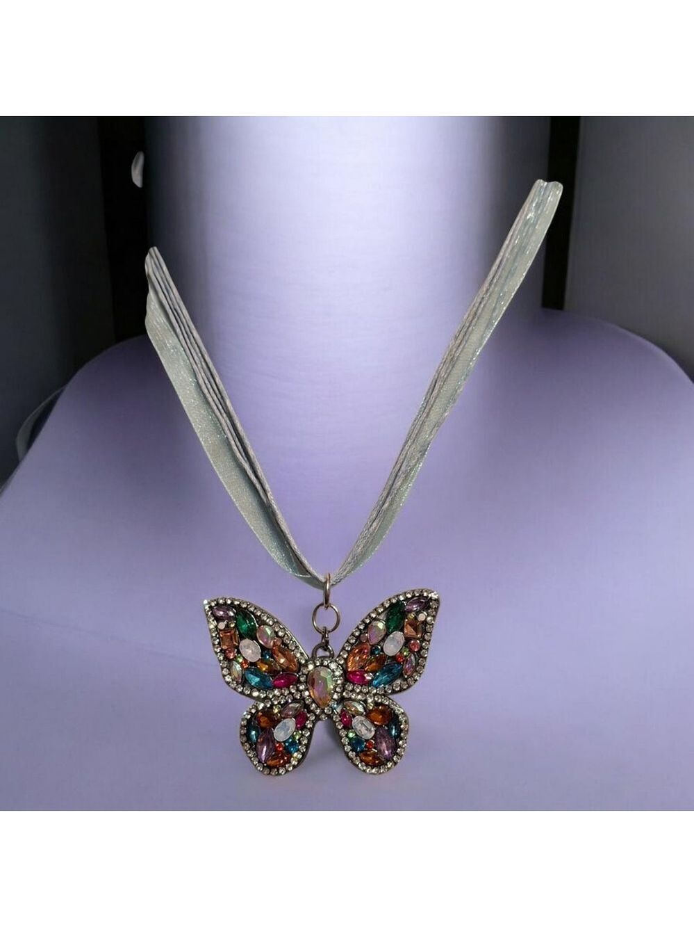 Rhinestone butterfly pendant  18"-20" blue ribbon necklace  Nwot  handcrafted